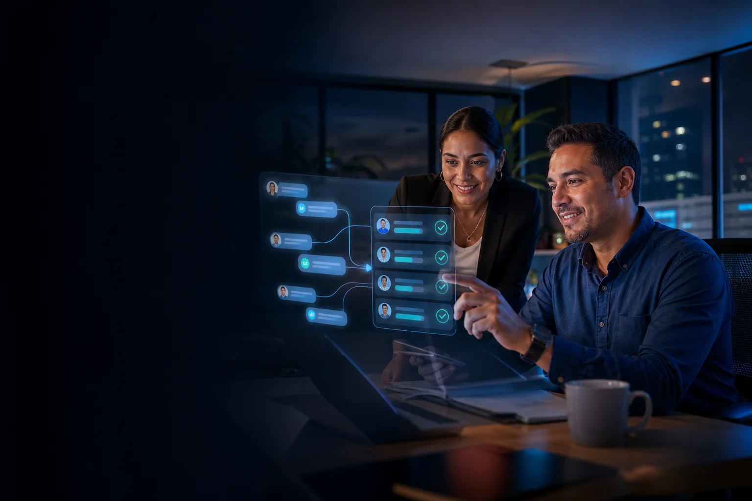 Equipo empresarial convirtiendo conversaciones en oportunidades organizadas con un Empleado Digital