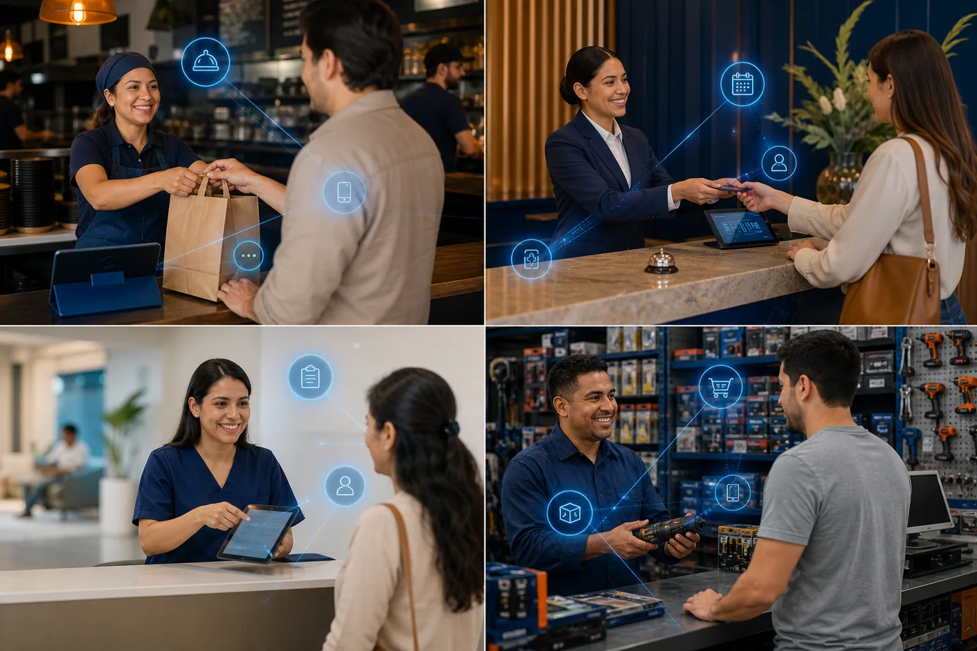 Restaurantes, hoteles, clínicas y comercios atendiendo clientes con apoyo de automatización